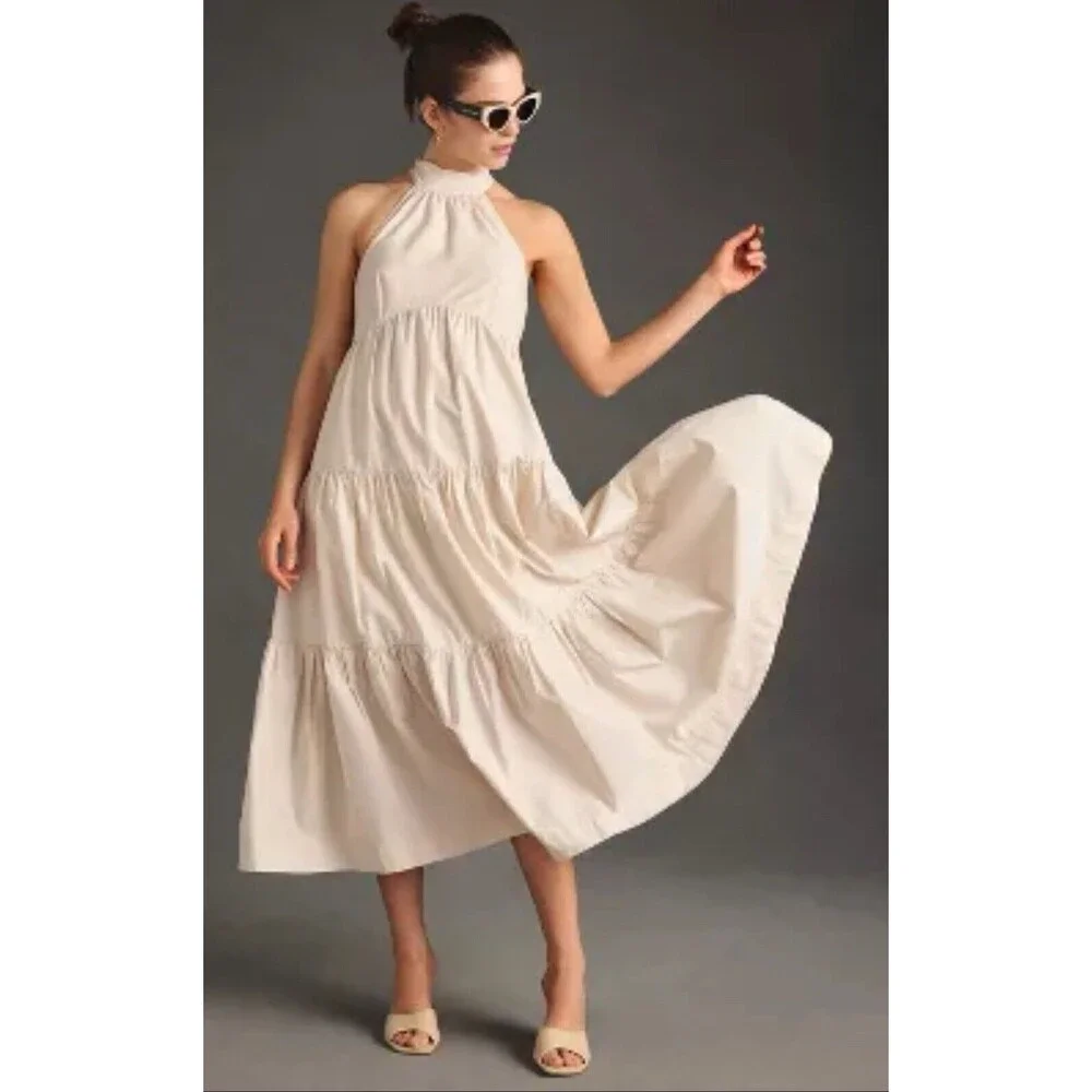 Anthropologie Maeve Midi Dress Women Halter Tired Preppy Cotton Flowy Sz 14 New